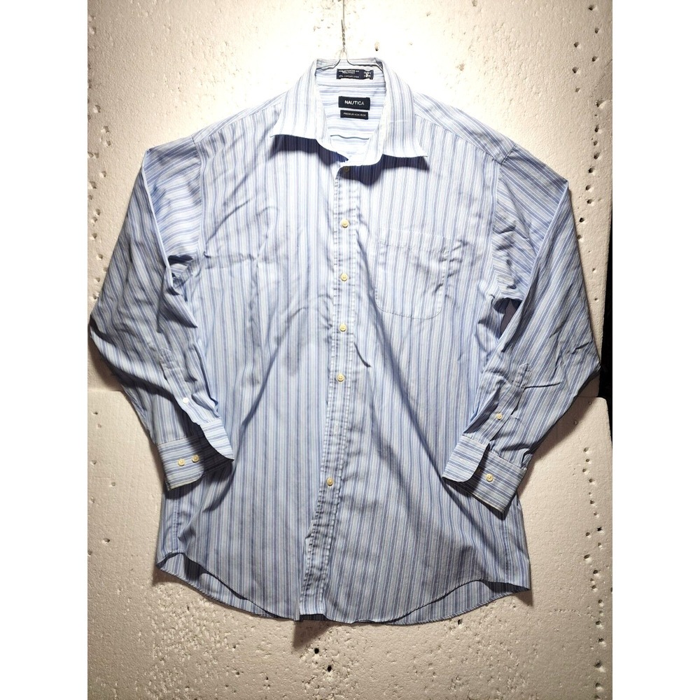 Nautica Shirt Men Size 16 1/2 Blue White Stripe Button Down Long Sleeve Casual
